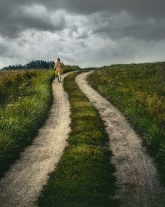 Eine Person, die einen Wege bergauf geht ist von hinten zu sehen. Der Himmel über ihr ist mit dunklen Wolken überzogen.