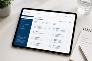 Ein Tablet auf einem Schreibtisch auf dem eine beispielhafte Wirkstoffmonographie der AMBORA Wissensdatenbank angezeigt wird – Link zur AMBORA-Wissensdatenbank